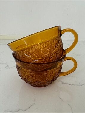 Vintage Tiara Indiana Sandwich Amber Pressed Glass Tea Cup - Amber Patterned Set